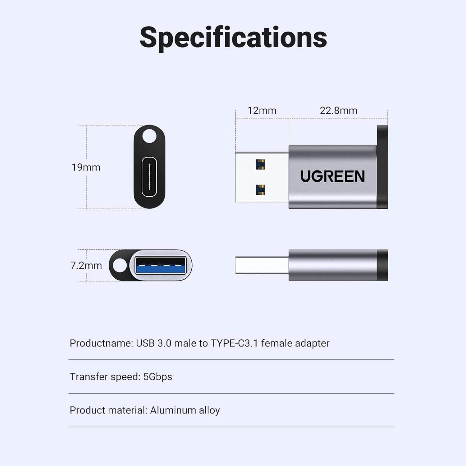 UGREEN Adapter USB to Type C-50533 | USB 3.0 A Male To Type C 3.1 Female Adapter - Image 3