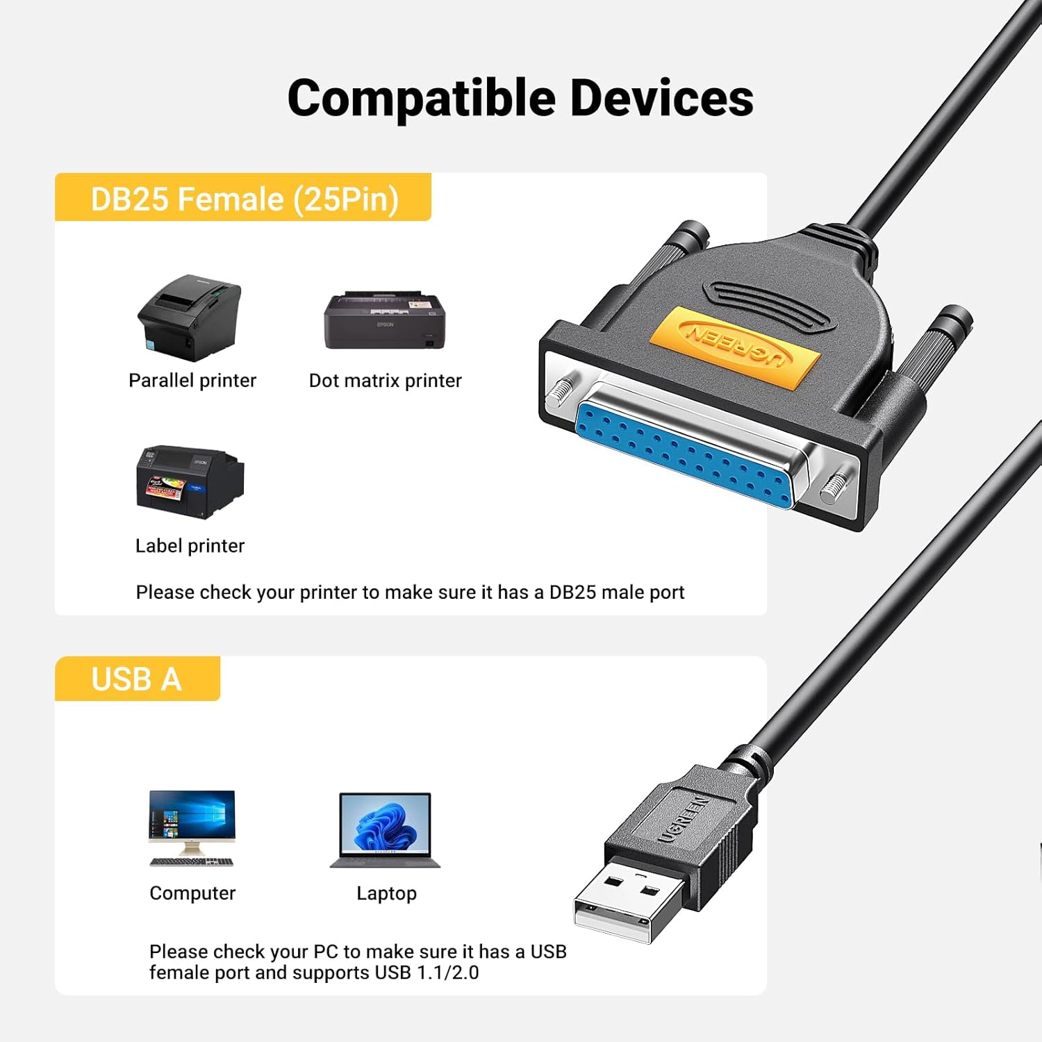 UGREEN USB 2.0 A to DB25 Female Parallel Print Cable | 20224 | 2 METER - Image 8