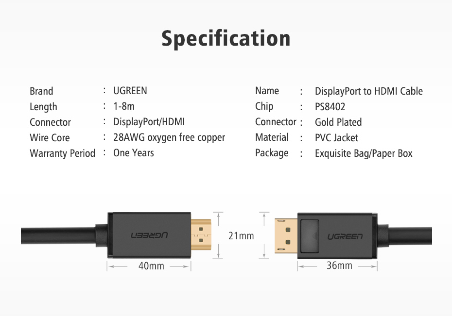 UGREEN DP Male to HDMI Male Cable- 3 Meter | 10203 - Image 8