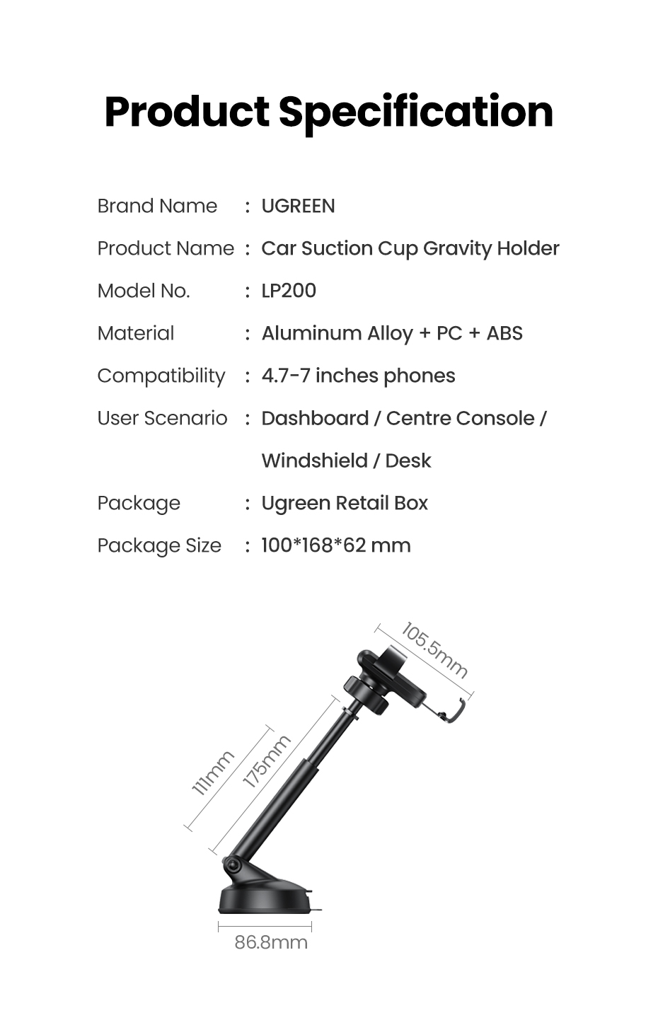 UGREEN Gravity Phone Holder with Suction Cup | 60990 - Image 3