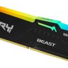 Black Kingston FURY Beast DDR5 RGB desktop RAM module with a rainbow gradient light bar across the top and gold connector pins along the bottom.