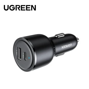 A black UGREEN dual-port car charger featuring one USB-A port and one USB-C port, displayed against a white background with a small blue LED power indicator.