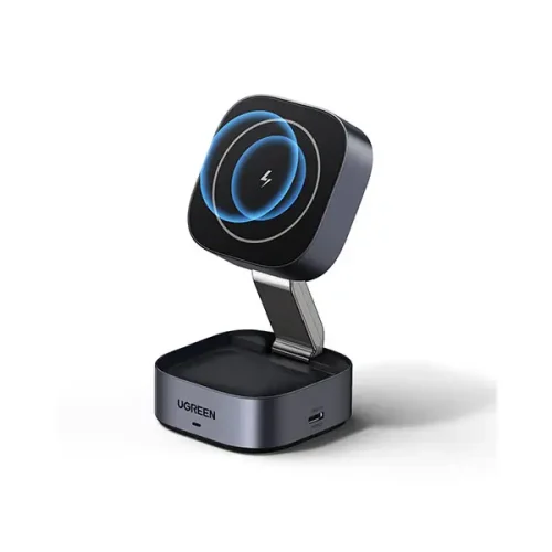 UGREEN 2-in-1 Foldable Magnetic Wireless Charging Station A metallic grey UGREEN foldable magnetic wireless charging stand featuring an adjustable tilted charging pad for a smartphone and a secondary charging base for earbuds.