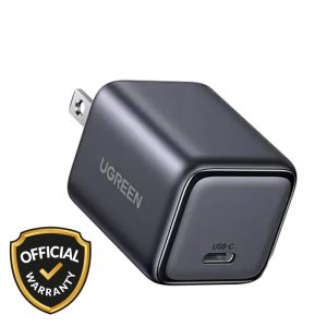 A compact, metallic grey UGREEN wall charger featuring a single USB-C port and a standard US 2-pin power plug. An 