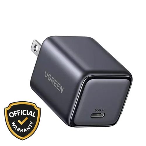 A compact, metallic grey UGREEN wall charger featuring a single USB-C port and a standard US 2-pin power plug. An "Official Warranty" shield icon is in the bottom left corner.