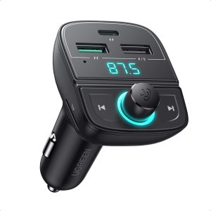 UGREEN Bluetooth FM Transmitter and Car Charger with LED display and blue accent lighting.