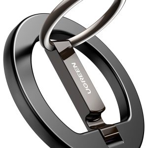 UGREEN Magnetic Phone Ring Holder dark chrome zinc alloy finish with adjustable kickstand.