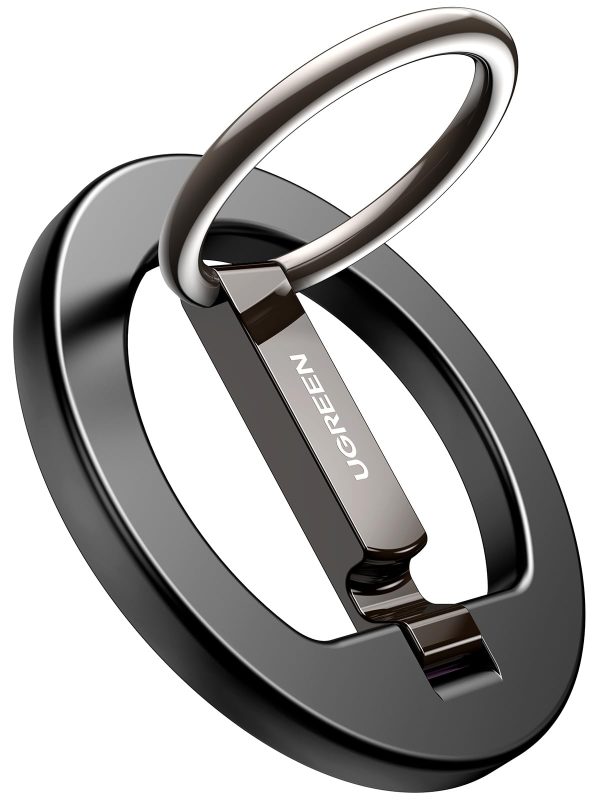 UGREEN Magnetic Phone Ring Holder dark chrome zinc alloy finish with adjustable kickstand.