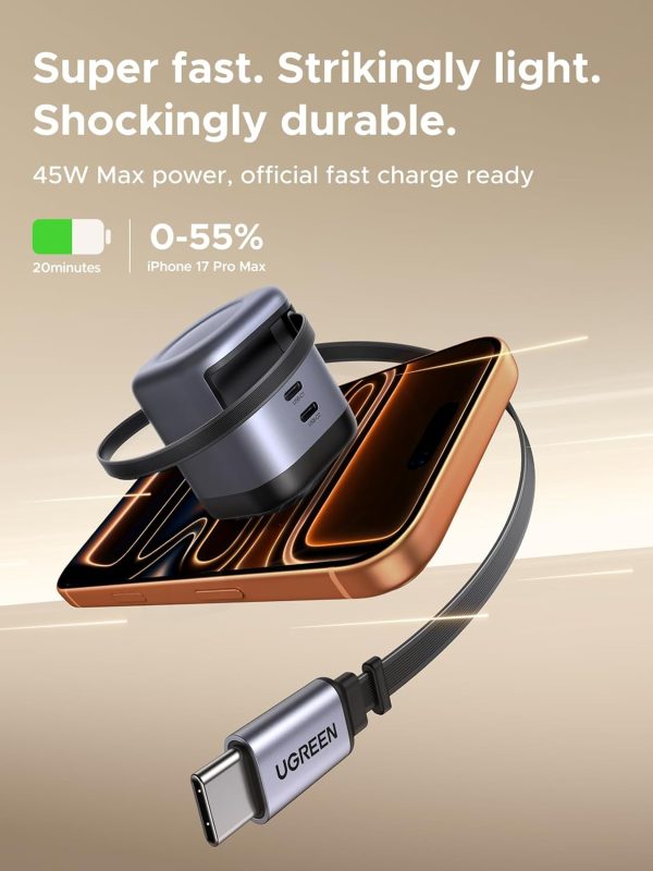 UGREEN 45W GaNInfinity USB-C Fast Charger with Built-in Cable and 2 USB-C Ports, compact GaN charger for iPhone 17 Pro Max and MacBook Air.