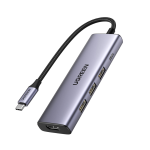 UGREEN 5-in-1 USB-C Hub in space grey with a braided cable, featuring one HDMI port, three USB-A ports, and a USB-C power delivery port on a white background.