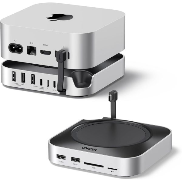 UGREEN USB-C docking station and stand designed for Mac Studio and Mac Mini, featuring front-facing USB ports, SD/TF card slots, and a silver aluminum finish.