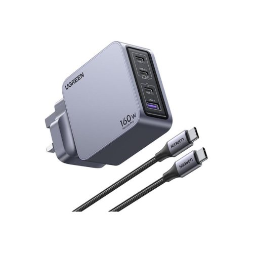 A metallic grey UGREEN Nexode Pro 160W 4-port GaN fast charger with a UK plug, shown alongside its retail packaging and a braided USB-C to USB-C cable. The charger features three USB-C ports and one USB-A port.