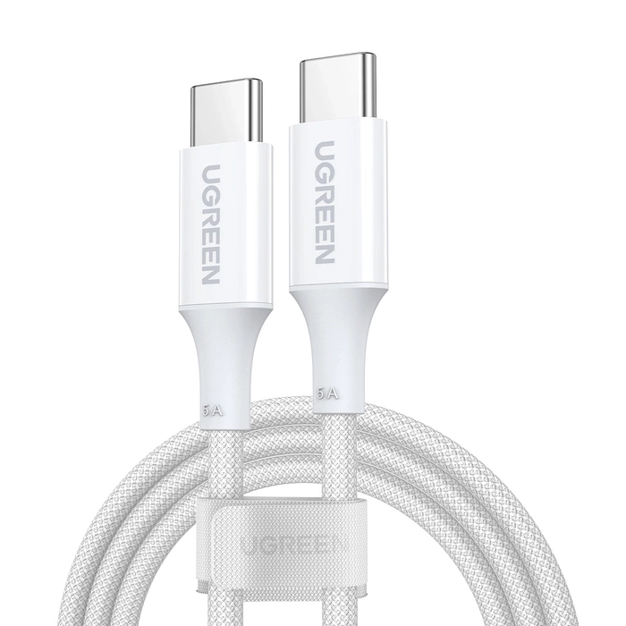 Two black UGREEN USB-C connectors shown from an angle, featuring a black and grey textured braided cable and glossy connector housings.