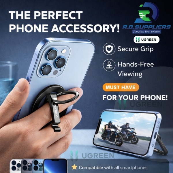 Multi-angle view of UGREEN MagSafe ring holder showing kickstand functionality on a smartphone.