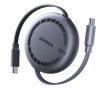 A sleek, space-grey UGREEN retractable USB-C cable featuring a circular winding mechanism, flat tangle-free design, and 100W Power Delivery branding, shown alongside a laptop and smartphone.
