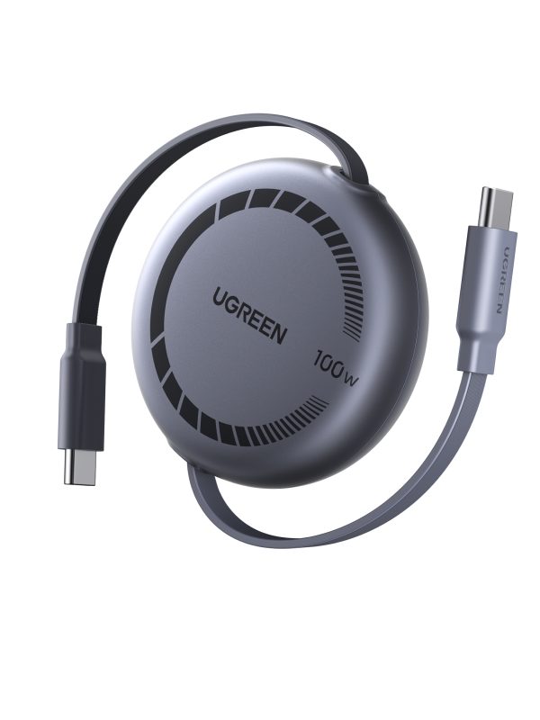 A sleek, space-grey UGREEN retractable USB-C cable featuring a circular winding mechanism, flat tangle-free design, and 100W Power Delivery branding, shown alongside a laptop and smartphone.