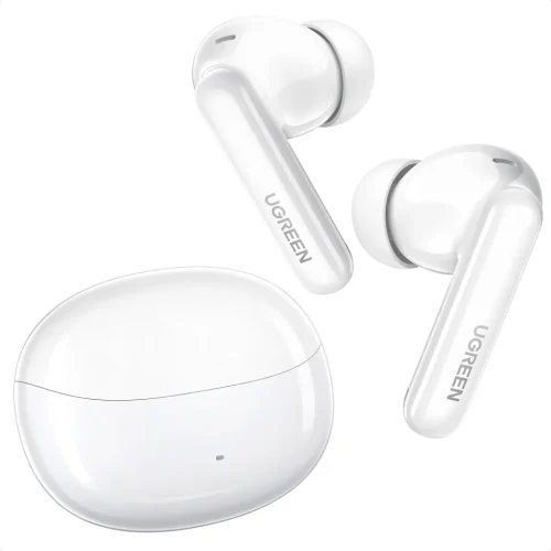 UGREEN HiTune T3 Pro wireless earbuds with sleek white charging case.