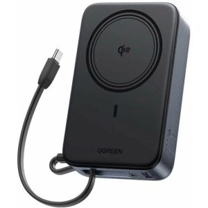 UGREEN Nexode 10000mAh Magnetic Power Bank with Qi2 15W Wireless Charging and built-in USB-C cable lanyard.
