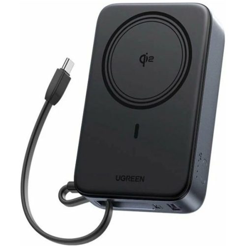 UGREEN Nexode 10000mAh Magnetic Power Bank with Qi2 15W Wireless Charging and built-in USB-C cable lanyard.