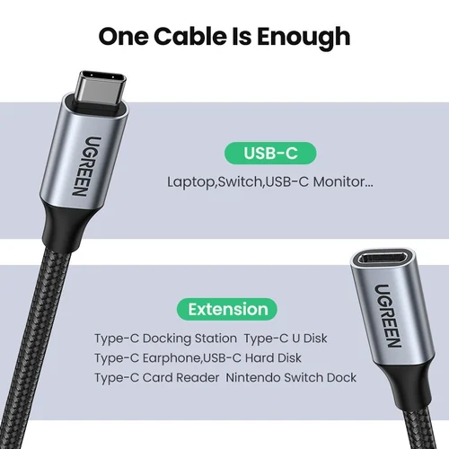 UGREEN USB-C Extension Cable showing 40,000 plus bend lifespan and braided nylon durability.
