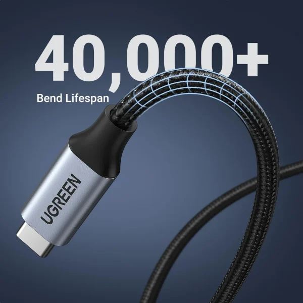 UGREEN USB-C Extension Cable showing 40,000 plus bend lifespan and braided nylon durability.