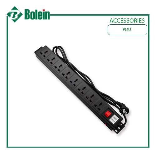 Bolein BLPDU6002-1.5U 6 Way Universal PDU with switch, overload protection, and 2m cable for 19-inch server racks.