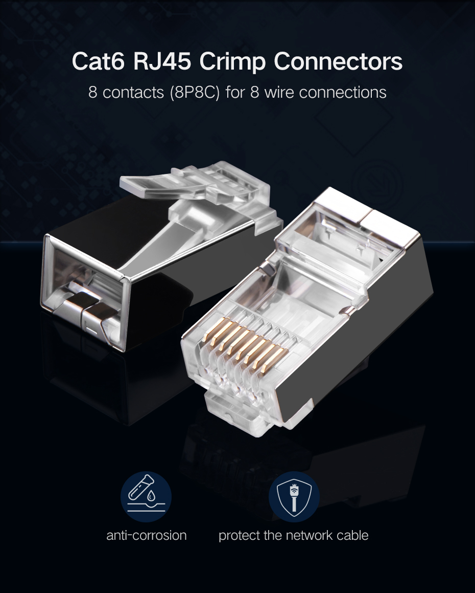 UGREEN Cat6 RJ45 Shielded STP Crimp Connectors with Nickel-Plated Housing.