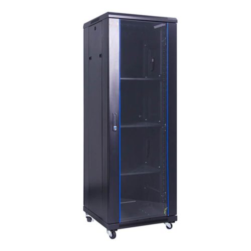 BLFS-6127 27U Floor Standing Server Rack with lockable glass front door, cooling fans, and castor wheels.