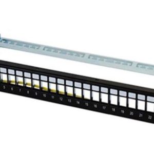 Bolein BLP-2624M08-C6 24 Port Metal Patch Panel with Cat6 UTP Modular Jacks and rear cable management bar.