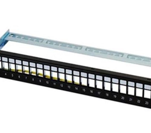 Bolein BLP-2624M08-C6 24 Port Metal Patch Panel with Cat6 UTP Modular Jacks and rear cable management bar.