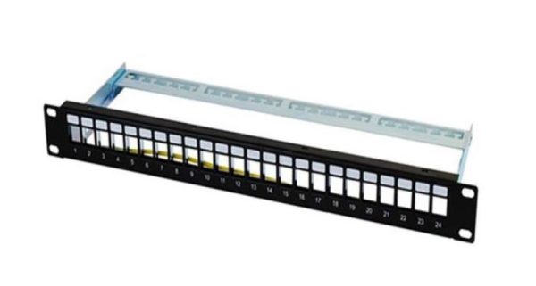 Bolein BLP-2624M08-C6 24 Port Metal Patch Panel with Cat6 UTP Modular Jacks and rear cable management bar.