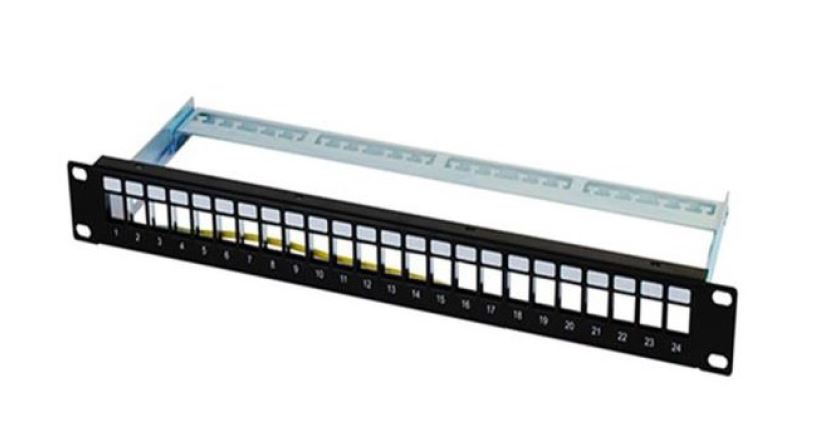 Bolein BLP-2624M08-C6 24 Port Metal Patch Panel with Cat6 UTP Modular Jacks and rear cable management bar.