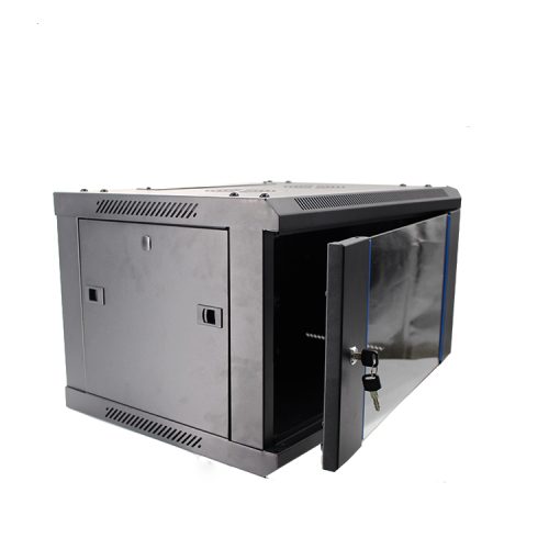 Black 6U wall mount network server rack enclosure with open glass door and locking mechanism for IT equipment.