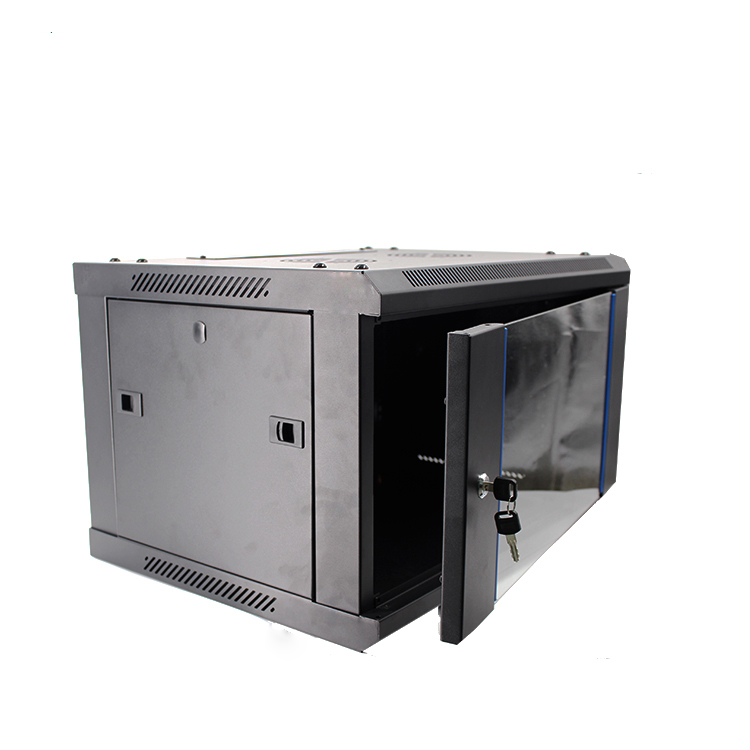 Black 6U wall mount network server rack enclosure with open glass door and locking mechanism for IT equipment.