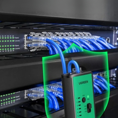 UGREEN multifunctional RJ45 LAN and RJ11 telephone cable tester showing signal tracking on a server rack.
