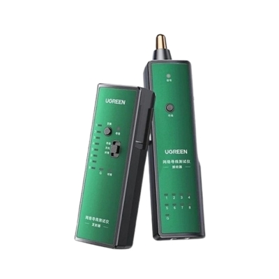 UGREEN multifunctional RJ45 LAN and RJ11 telephone cable tester showing signal tracking on a server rack.
