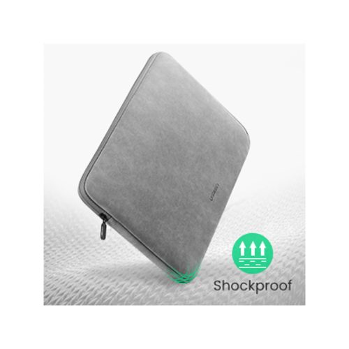 UGREEN 13 to 14 inch shockproof laptop sleeve in gray showing 33cm x 24cm dimensions and slim 2cm thickness.