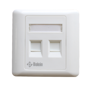 Bolein dual-port faceplate with two Cat6 RJ45 ethernet jacks, featuring dust shutters and ID labeling window.