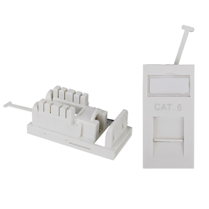 Bolein single-port network module and faceplate with Cat6 RJ45 jack, showing internal punch-down blocks and external dust shutter.