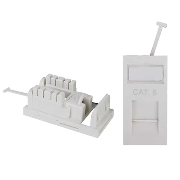 Bolein single-port network module and faceplate with Cat6 RJ45 jack, showing internal punch-down blocks and external dust shutter.