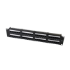 Front and rear view of Bolein BLP-2748-C6 48 Port Cat6 UTP Patch Panel showing dual-row RJ45 ports and color-coded IDC blocks.