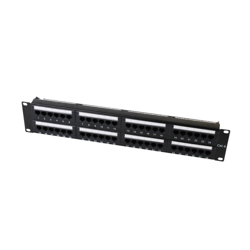 Front and rear view of Bolein BLP-2748-C6 48 Port Cat6 UTP Patch Panel showing dual-row RJ45 ports and color-coded IDC blocks.