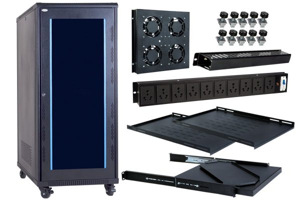 27U-Floor-Standing-Server-Rack-Components-RD-Suppliers 27U Floor Standing Server Rack with 600x1000mm dimensions including cooling fans, PDU, and shelves.