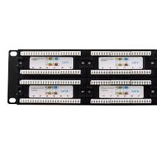 Front and rear view of Bolein BLP-2748-C6 48 Port Cat6 UTP Patch Panel showing dual-row RJ45 ports and color-coded IDC blocks.