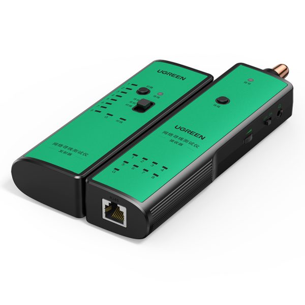 UGREEN multifunctional RJ45 LAN and RJ11 telephone cable tester showing signal tracking on a server rack.