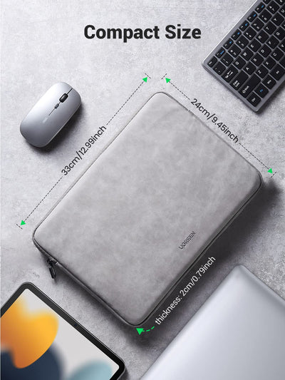 UGREEN 13 to 14 inch shockproof laptop sleeve in gray showing 33cm x 24cm dimensions and slim 2cm thickness.