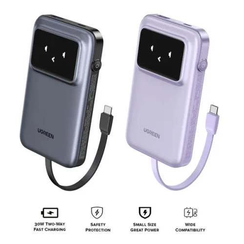 UGREEN 10000mAh 30W Power Bank in Space Gray and Lavender Purple featuring built-in Type-C cable and smart digital display.