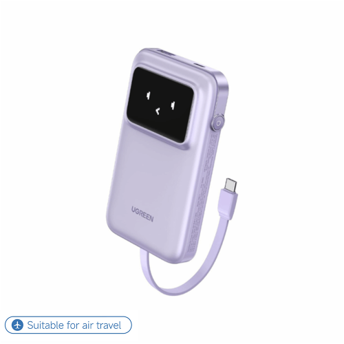 ugreen-10000mah-30w-power-bank-rd-suppliers UGREEN 10000mAh 30W Power Bank in Space Gray and Lavender Purple featuring built-in Type-C cable and smart digital display.