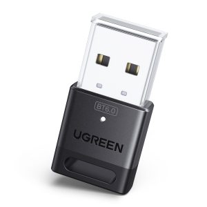 UGREEN CM748 Bluetooth 6.0 USB Adapter showing compatibility with keyboards, mice, headphones, speakers, controllers, printers, tablets, earphones on Windows 11, 10, and 8.1 systems.