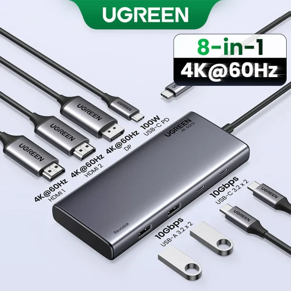 ugreen-revodok-pro-8-in-1-ports-connected Close up look of UGREEN Revodok Pro 8-in-1 USB C Hub with HDMI, DisplayPort, and USB devices plugged in.